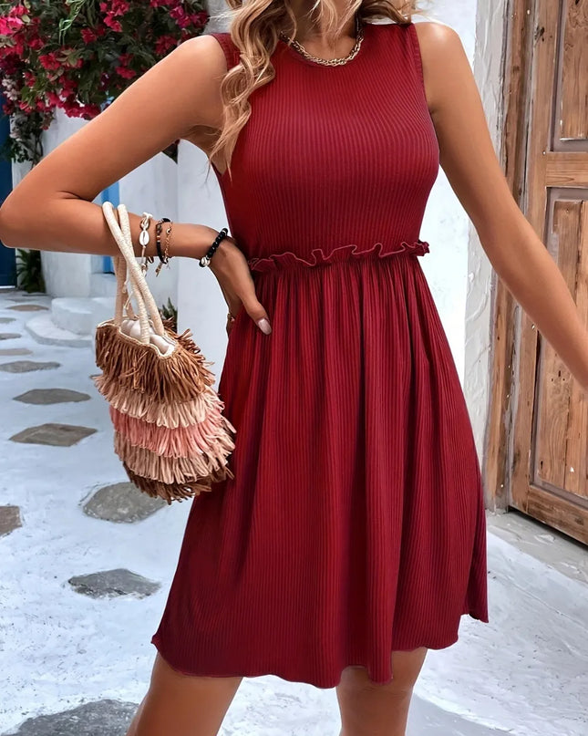 Frill Round Neck Sleeveless Mini Dress Burgundy