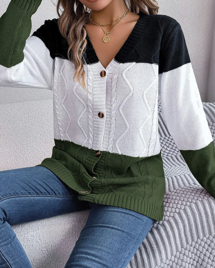 Cable-Knit Striped Button Up Cardigan