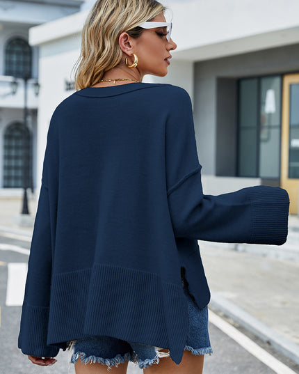 Round Neck Dropped Shoulder Slit Sweater