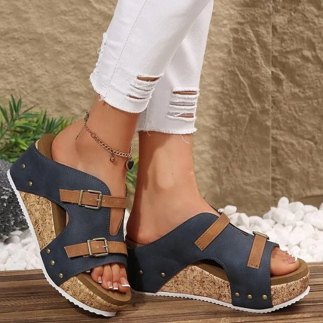 Double Buckle Platform Wedge Sandals 