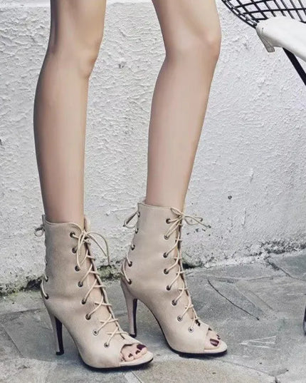 Peep Toe Lace-Up High Heel Boots