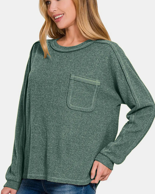 Zenana Full Size Contrast Stitching Brushed Ribbed Hacci Knit Top