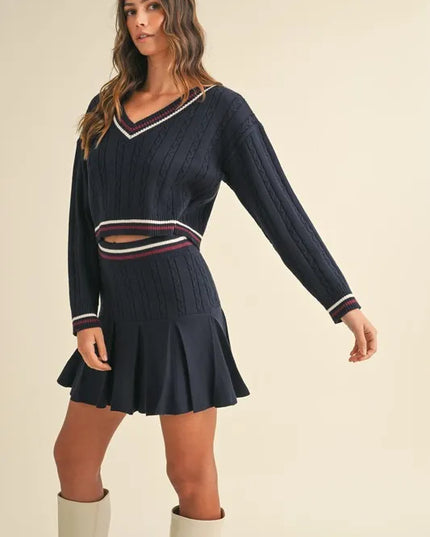 MABLE Cable-Knit Top and Pleated Skirt Sweater Set