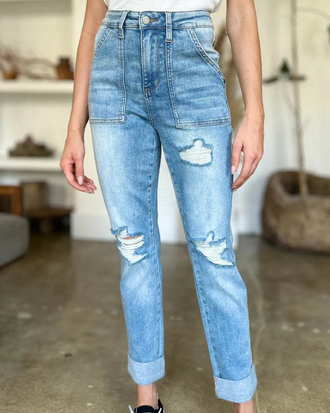 Judy Blue Full Size Distressed Straight Jeans with Patch Pockets