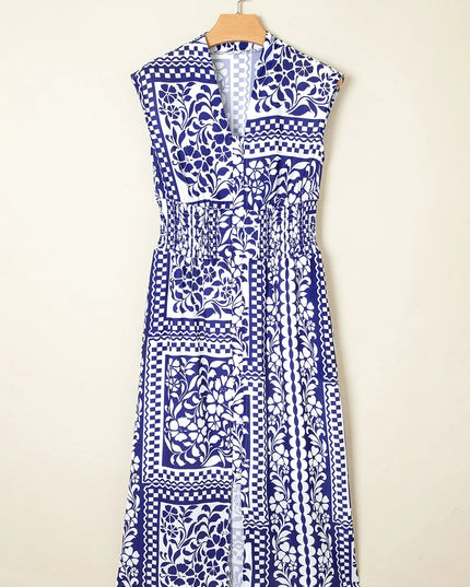 Shirred Waist V Neck Sleeveless Floral Print Midi Dress