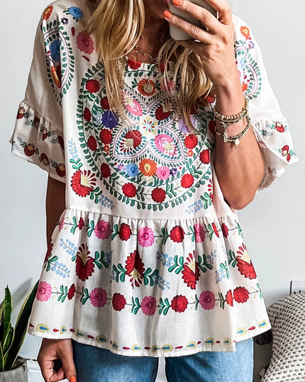 Floral Print Round Neck Ruffle Trim Blouse Floral