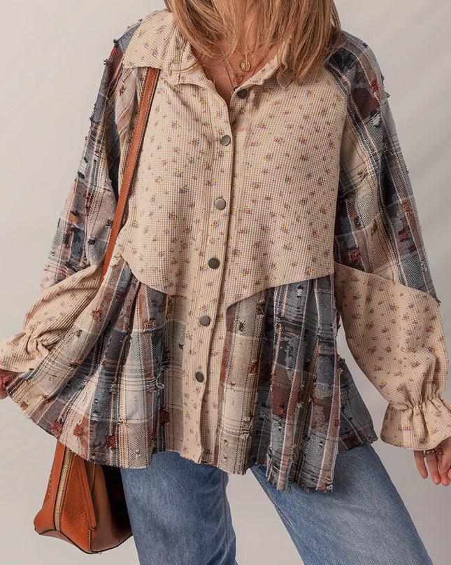 Boho Floral Plaid Patchwork Distressed Detail Ruffled Sleeve Waffle Knit Shacket