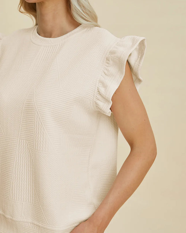 Double Take Full Size Texture Round Neck Ruffle Sleeve Top and Shorts Set
