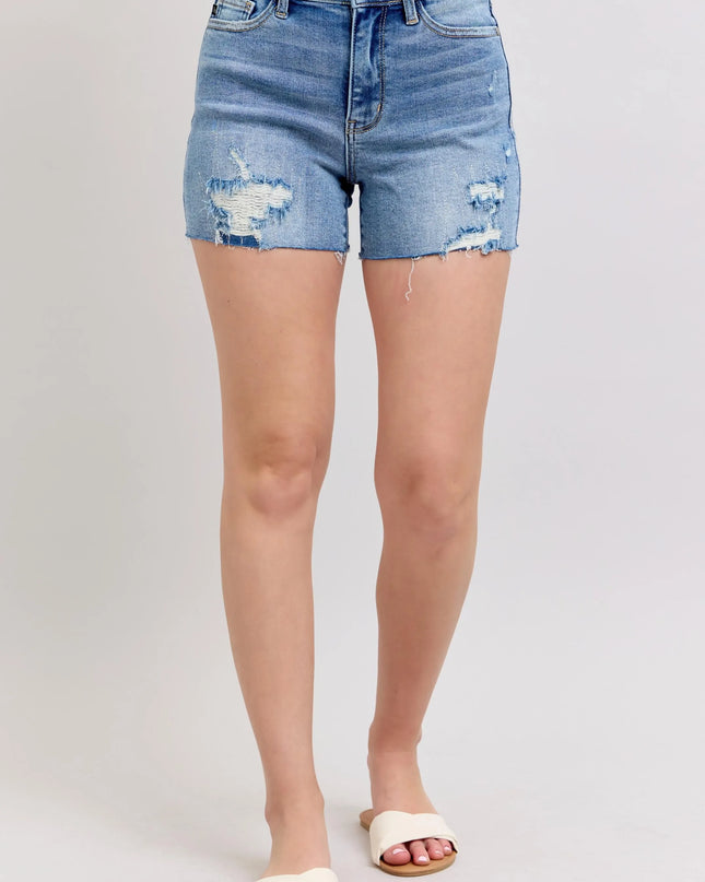 Judy Blue Full Size High Waist Denim Shorts W/stitch Over Destroy Detail Plus Size 