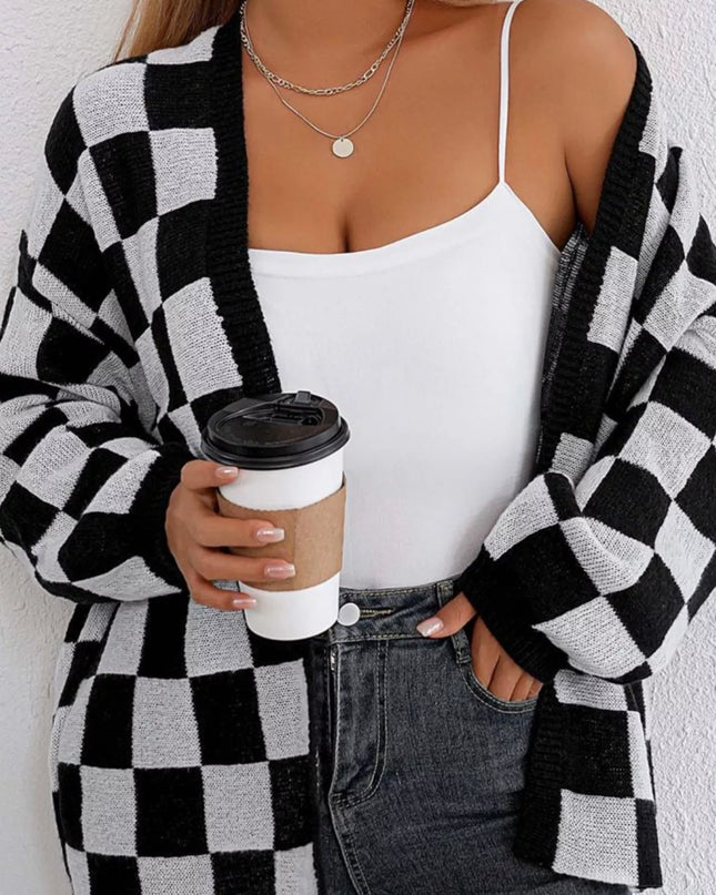 Checkerboard Pattern Open Front Knit Cardigan