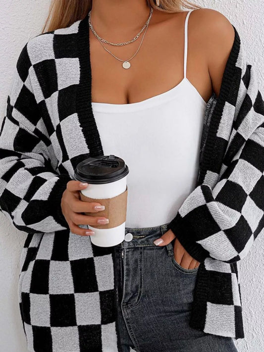 Checkerboard Pattern Open Front Knit Cardigan
