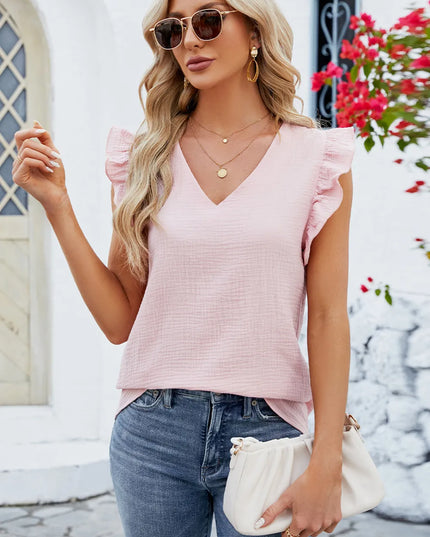 Ruffled V-Neck Cap Sleeve Blouse 