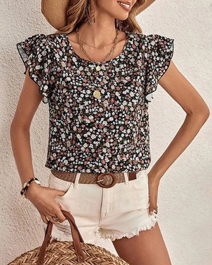 Ditsy Floral Round Neck Cap Sleeve Top Black