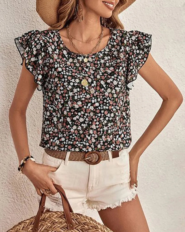 Ditsy Floral Round Neck Cap Sleeve Top Black