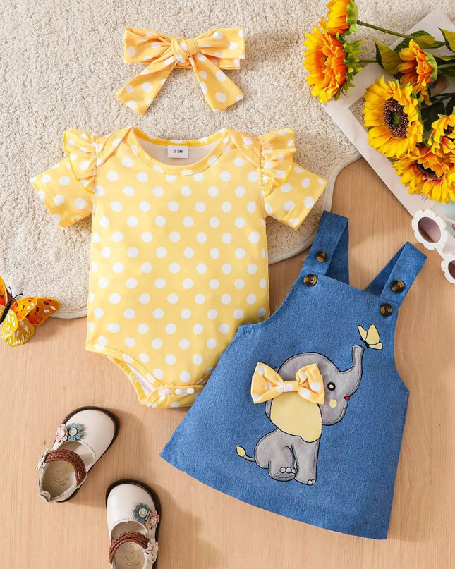 Children's Polka Dot Bodysuit & Denim Overall Dress & Headband Set Yellow