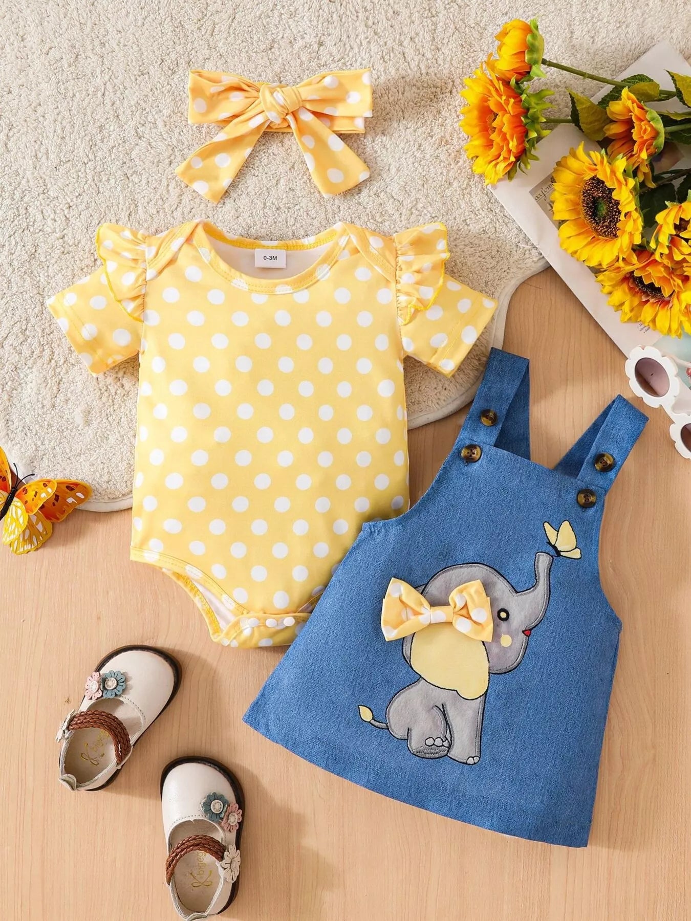 Children's Polka Dot Bodysuit & Denim Overall Dress & Headband Set Yellow