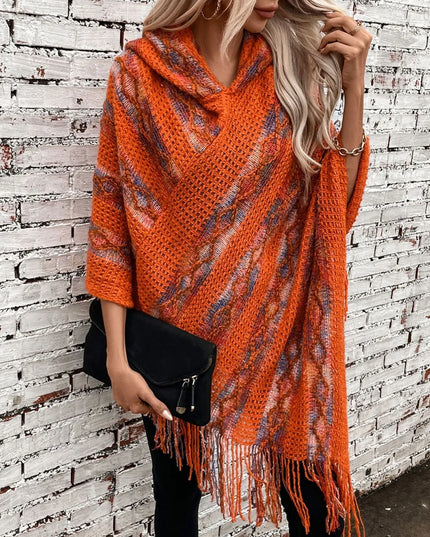 Fringe Contrast Hooded Poncho