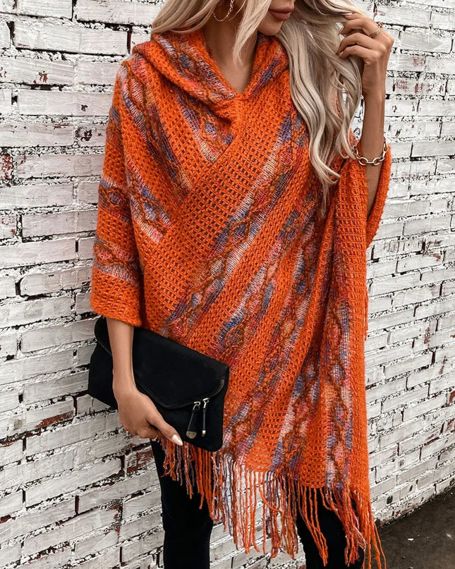 Fringe Contrast Hooded Poncho