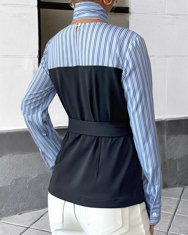 Striped Long Sleeve Blouse with Bow Tie