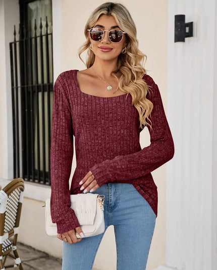Ribbed Square Neck Long Sleeve T-Shirt