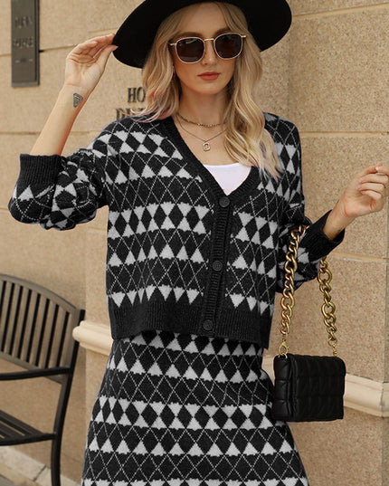 Geometric Dropped Shoulder Cardigan and Knit Skirt Set Black