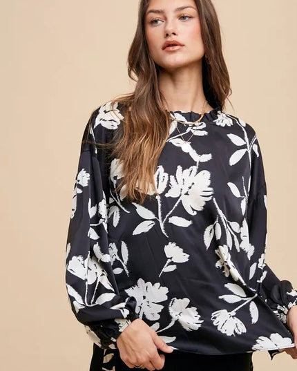 Annie Wear Frill Printed Balloon Sleeve Blouse Black