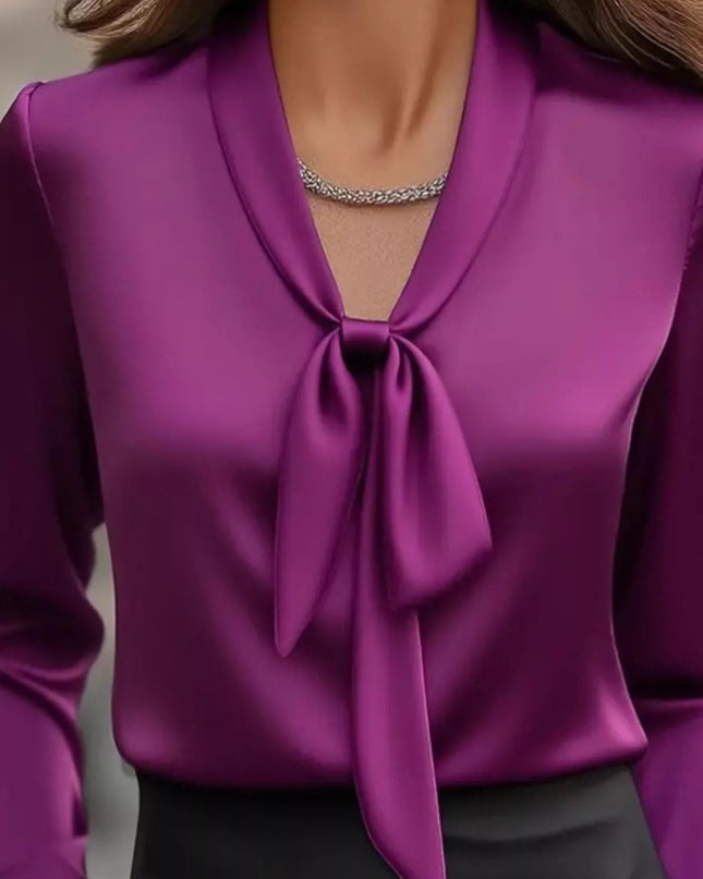 Satin Tie Front Long Sleeve Blouse