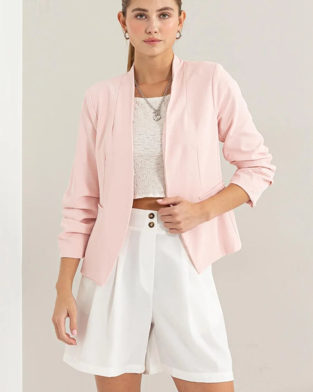 HYFVE Open Front Ruched Sleeve Blazer Blush