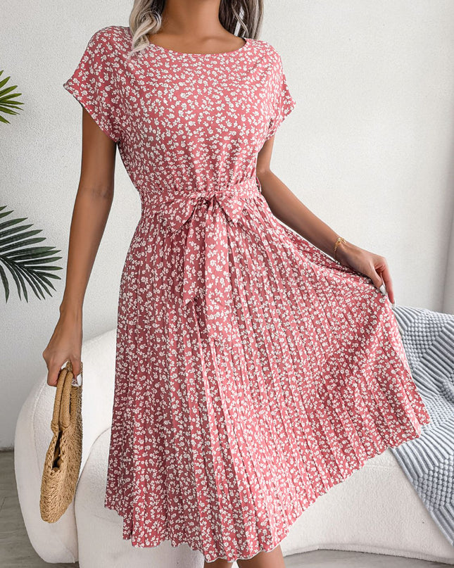 Ditsy Floral Pleated Belted Dress Blush Pink