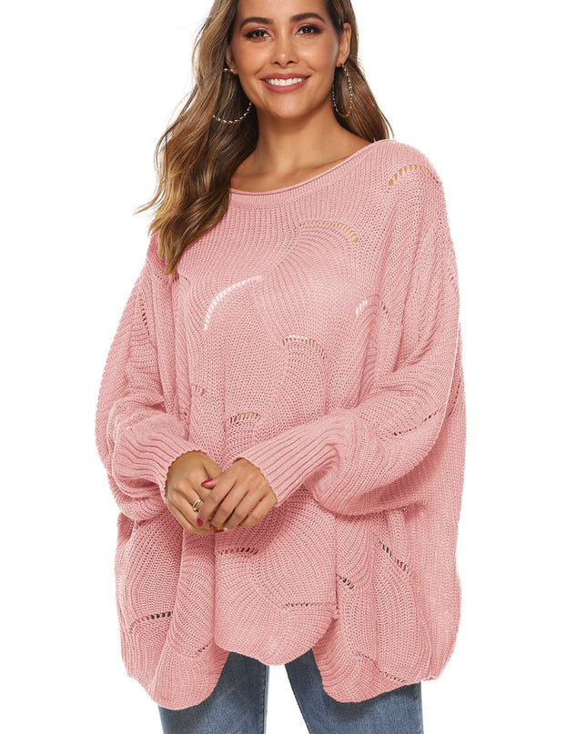 Round Neck Long Sleeve Openwork Sweater