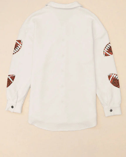 Sequin Football Patch Collared Neck Snap Button Jacket