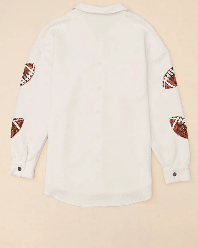 Sequin Football Patch Collared Neck Snap Button Jacket