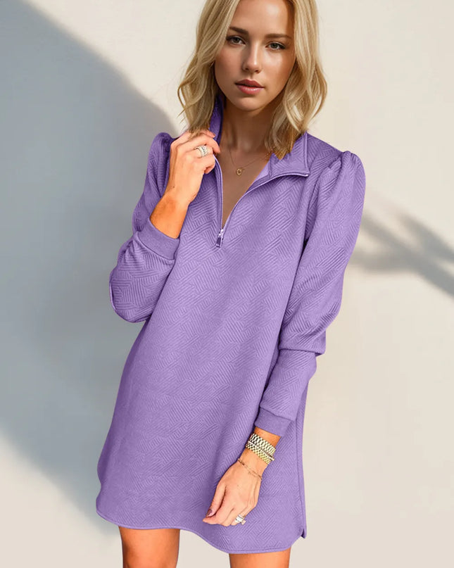 Double Take Textured Quarter Zip Long Sleeve Dress Lavender