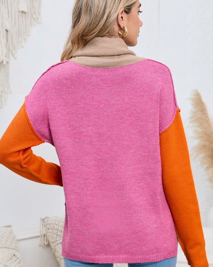 Turtle Neck Dropped Shoulder Slit Sweater