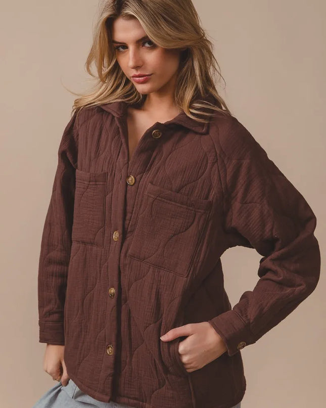 BiBi Quilted Wrinkle Gauze Long Sleeve Shacket