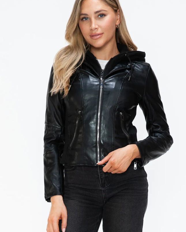 Snobbish Faux Leather Zip Up Drawstring Hooded Jacket