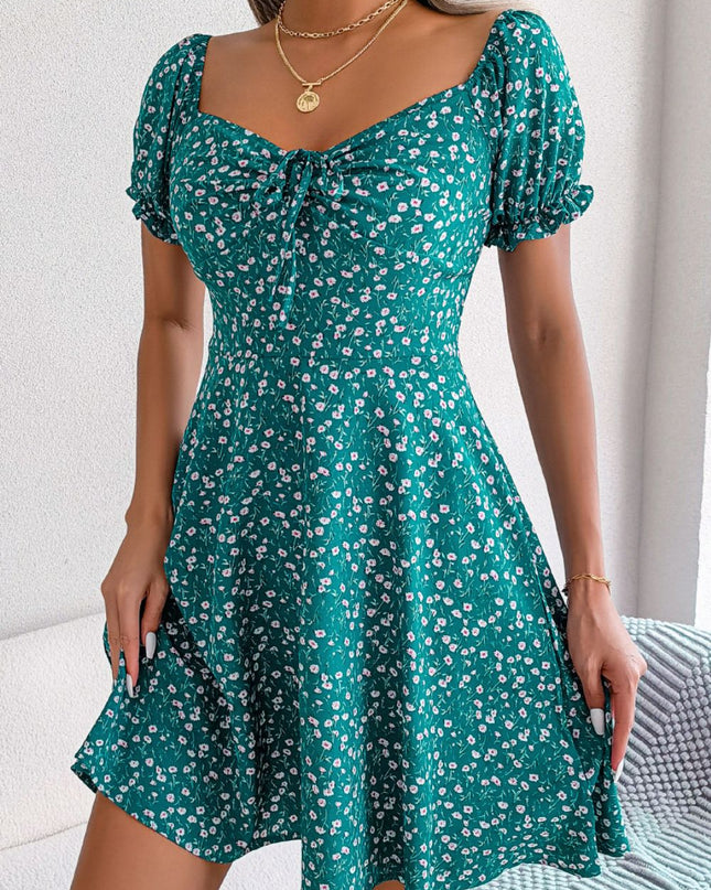 Ditsy Floral Drawstring A-Line Dress Green