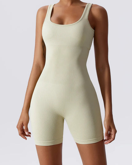 Basic Bae Ribbed Sleeveless Active Romper Cream