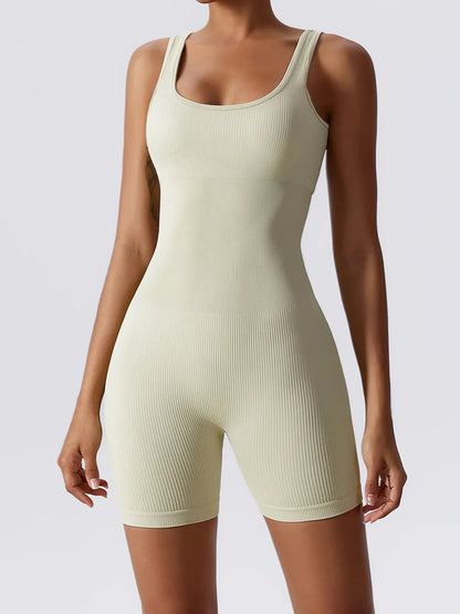 Basic Bae Ribbed Sleeveless Active Romper Cream