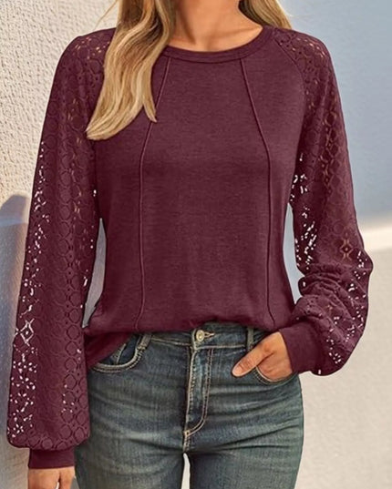 Round Neck Lace Sleeve Blouse Burgundy
