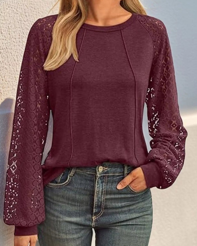 Round Neck Lace Sleeve Blouse Burgundy