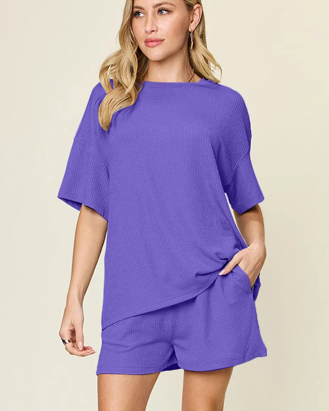 Double Take Basic style Round Neck Solid Set Light Indigo