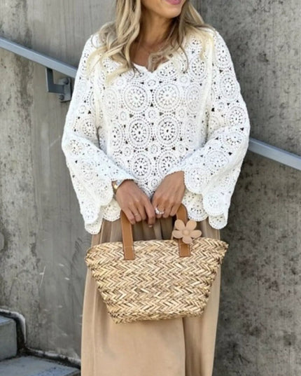 Crochet Lace V-Neck Bell Sleeve Knit Top