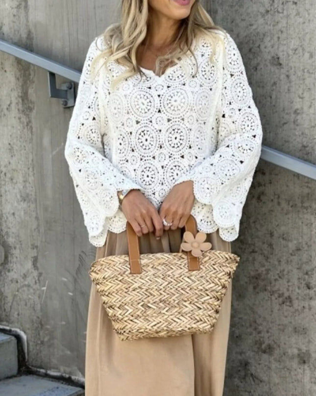 Crochet Lace V-Neck Bell Sleeve Knit Top