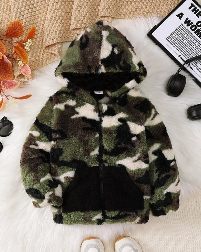 Children's Camouflage Plush Hooded Jacket Green