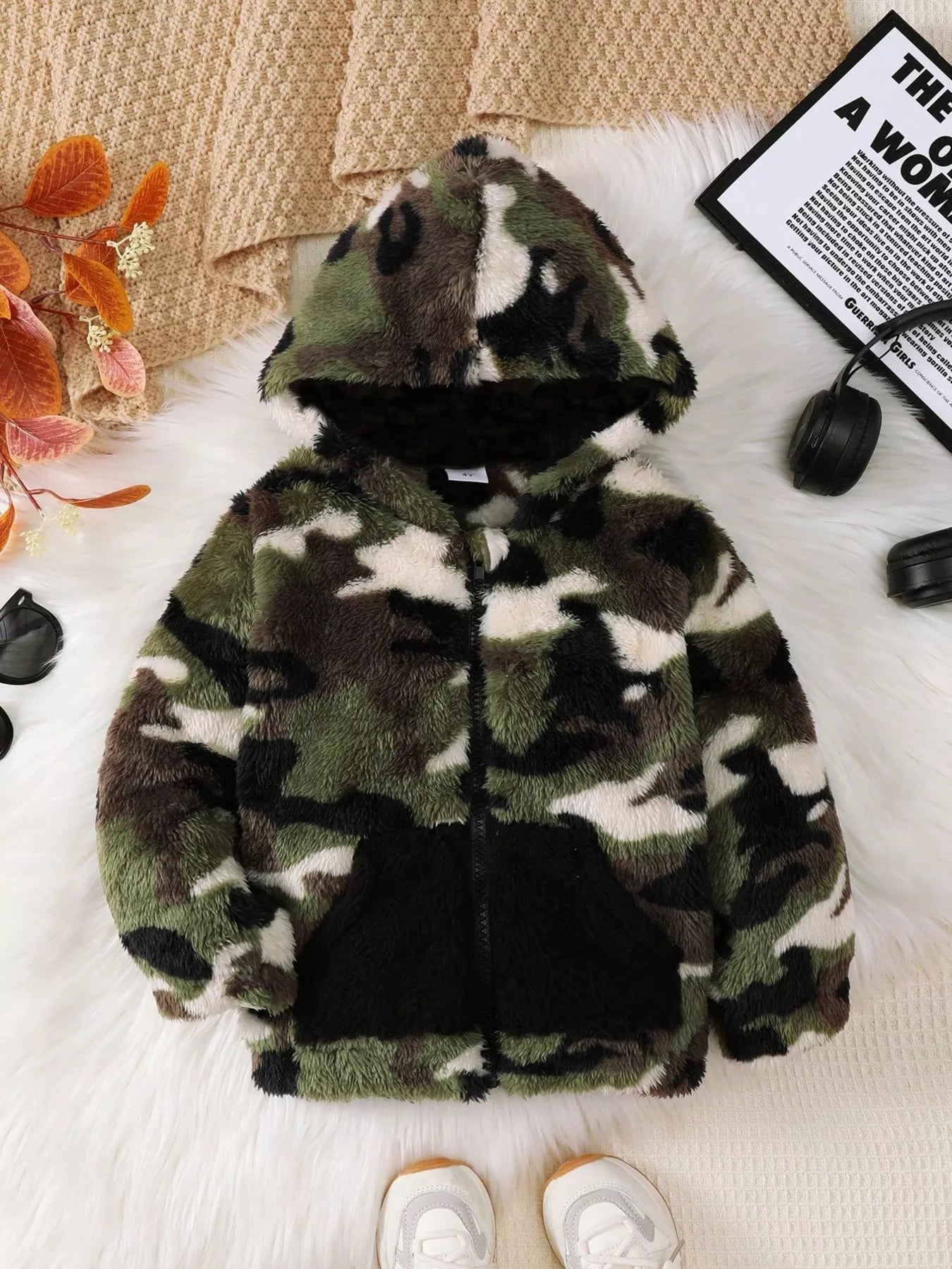 Children's Camouflage Plush Hooded Jacket Green