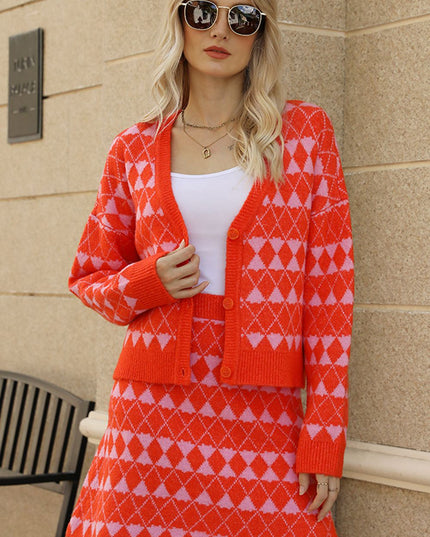 Geometric Dropped Shoulder Cardigan and Knit Skirt Set Orange