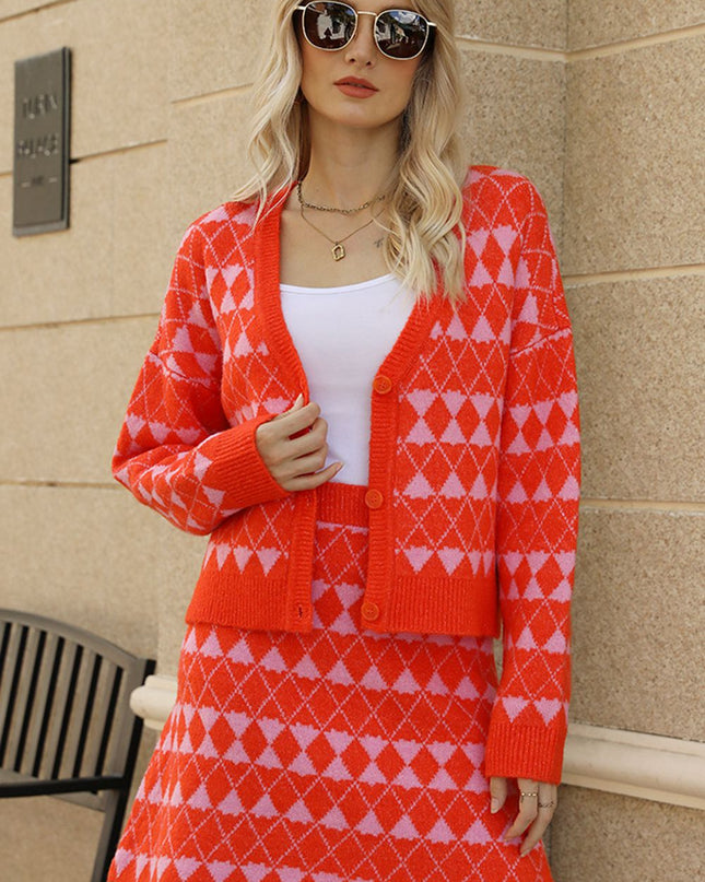 Geometric Dropped Shoulder Cardigan and Knit Skirt Set Orange