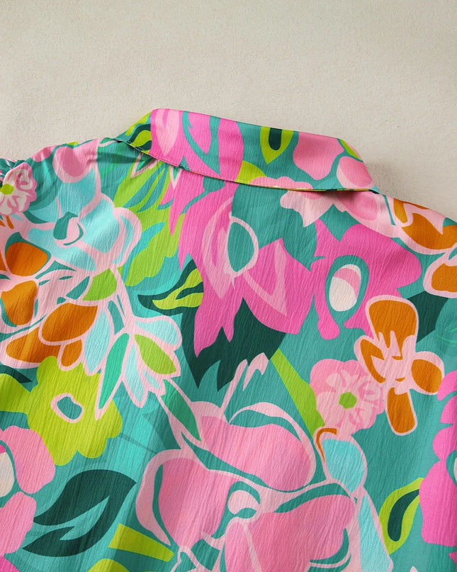 Printed Collared Neck Puff Sleeve Mini Dress