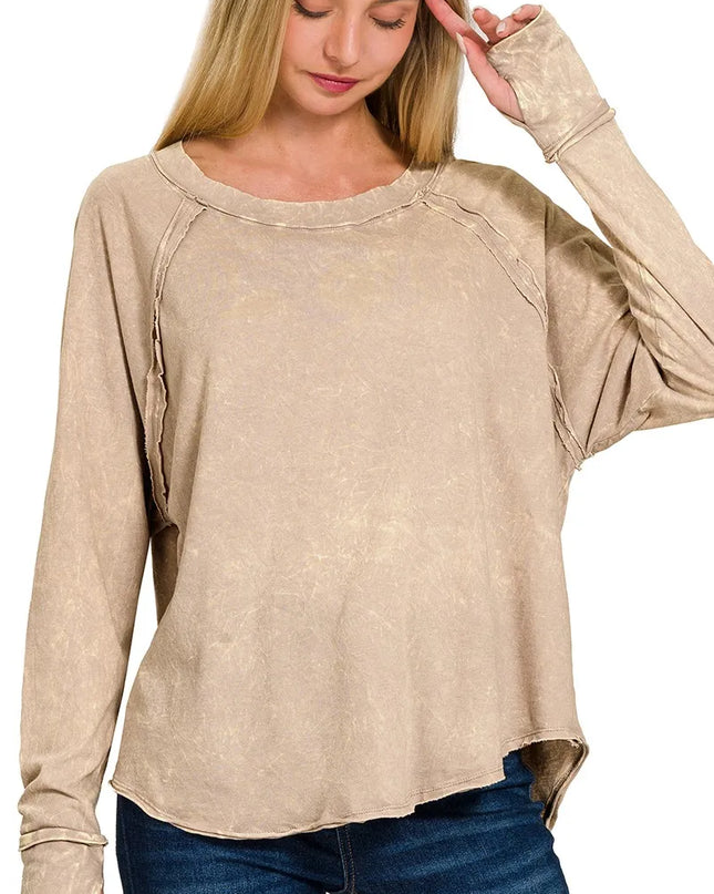 Zenana Crinkle Washed Thumb Hole Cuffs Long Sleeve Top